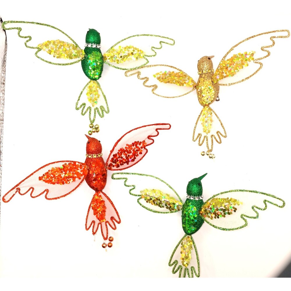 Clip On Bird Ornaments Hummingbirds Red Green Gold Glitter & Sequins Set Of 4